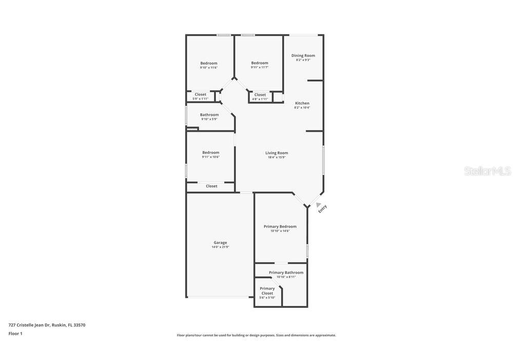 This is a floor plan for a single-story house with a garage and four bedrooms — 727 CRISTELLE JEAN DRIVE, RUSKIN, FL