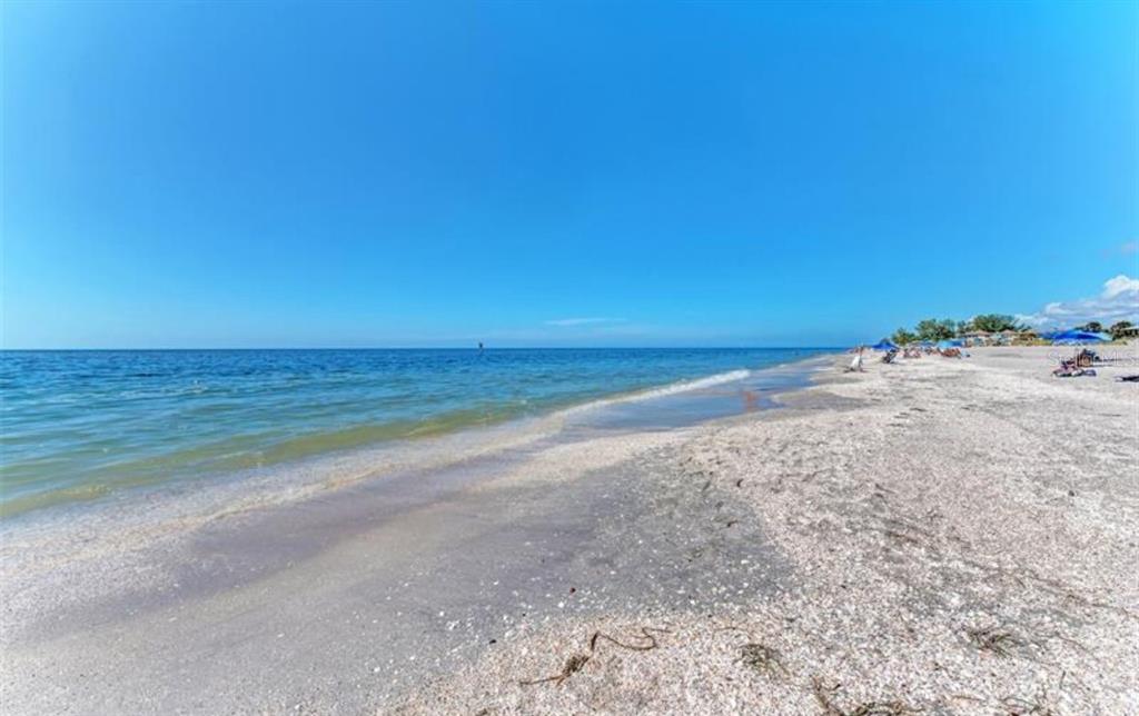 A wide, sandy beach with scattered shells meets the calm blue ocean under a clear sky — 6657 GASPARILLA PINES BOULEVARD, ENGLEWOOD, FL
