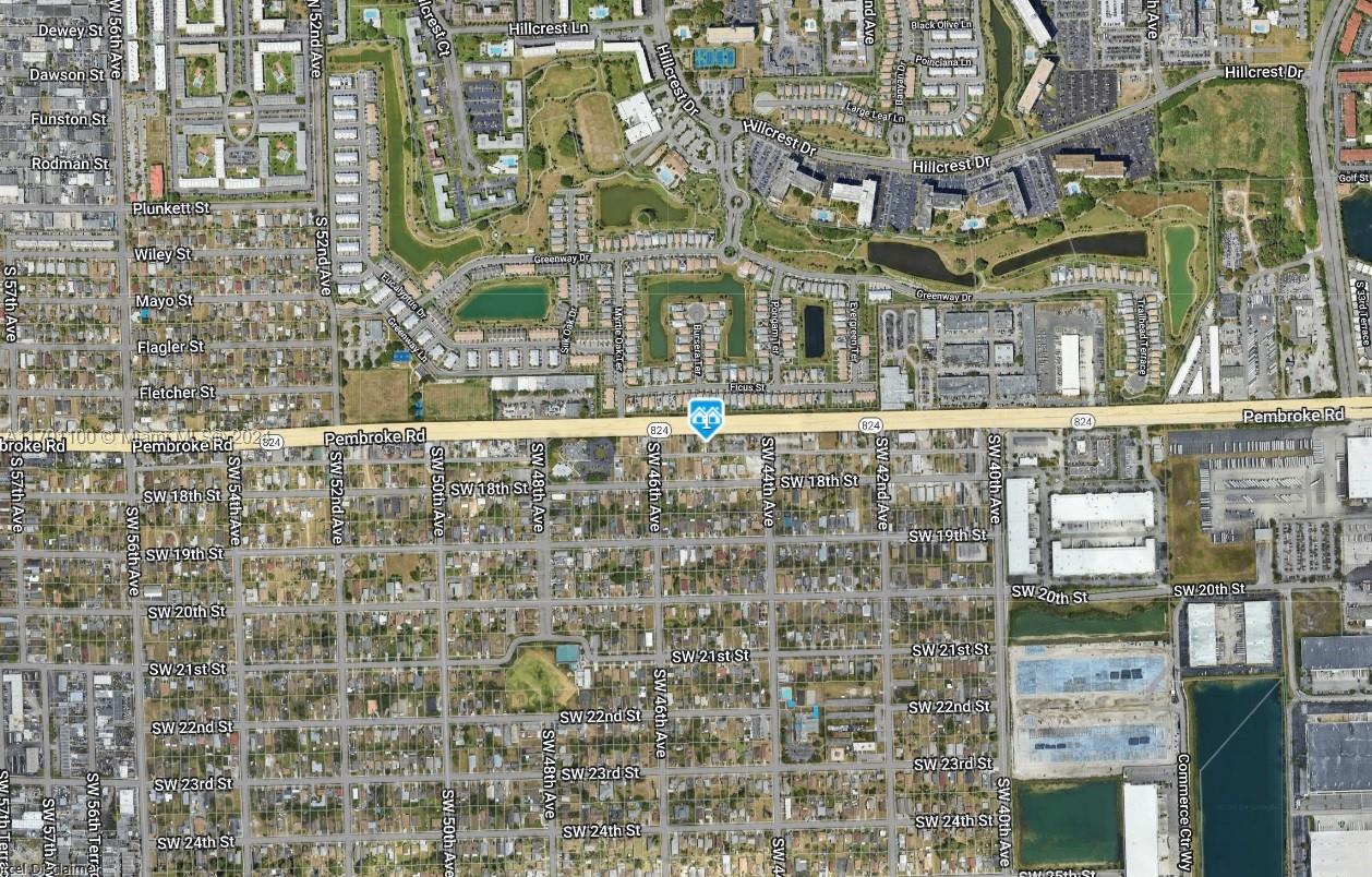 This is an aerial map view of a residential and commercial area in Florida — Pembroke Rd, West Park FL 33023, WEST PARK, FL