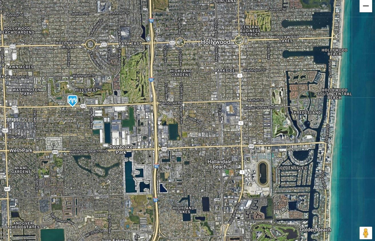 This is an aerial map showing the city of Hollywood, Florida, and surrounding areas — Pembroke Rd, West Park FL 33023, WEST PARK, FL