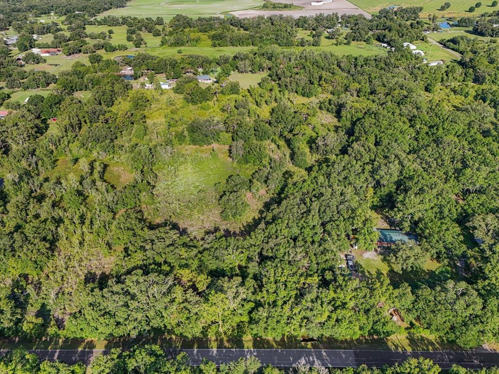 An aerial view shows a wooded lot with a small house and a grassy clearing — 5900 N DORMANY ROAD, PLANT CITY, FL