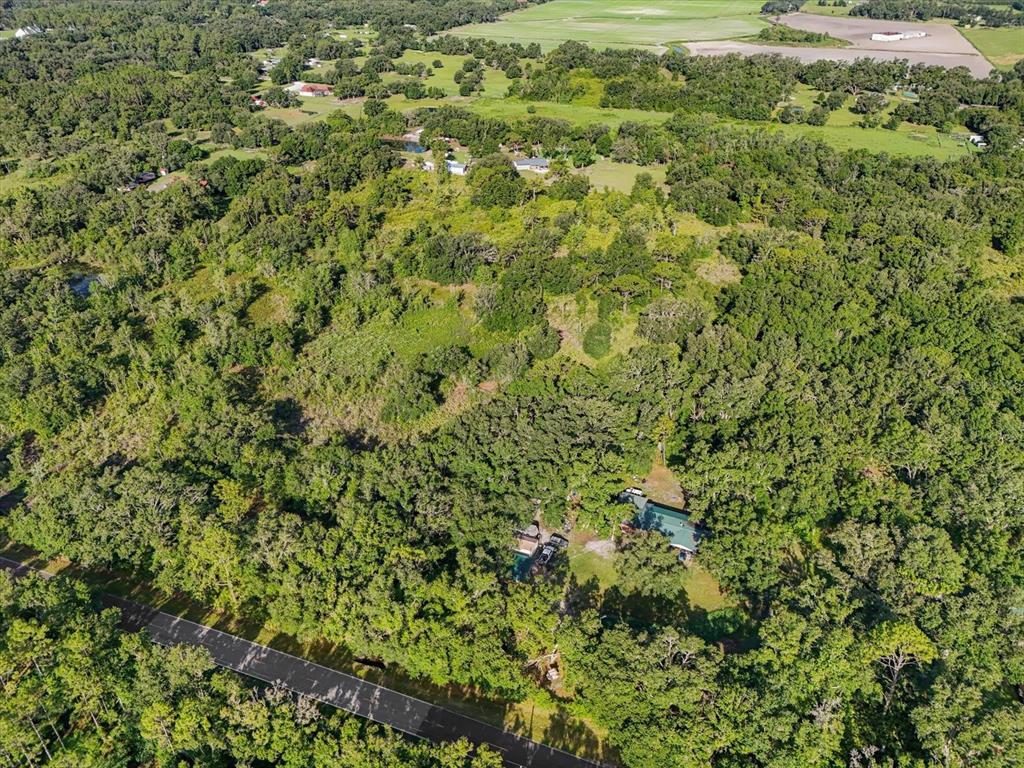 An aerial view shows a house nestled within a dense forest near a paved road — 5900 N DORMANY ROAD, PLANT CITY, FL