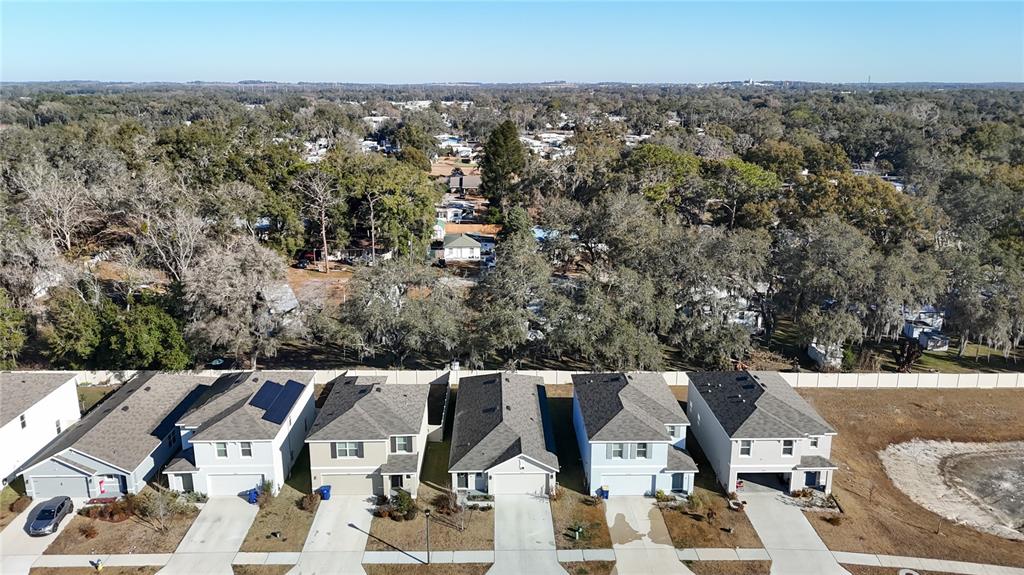An aerial view shows a row of suburban houses with driveways facing a wooded area — 37501 SHARKS EYE LANE, ZEPHYRHILLS, FL