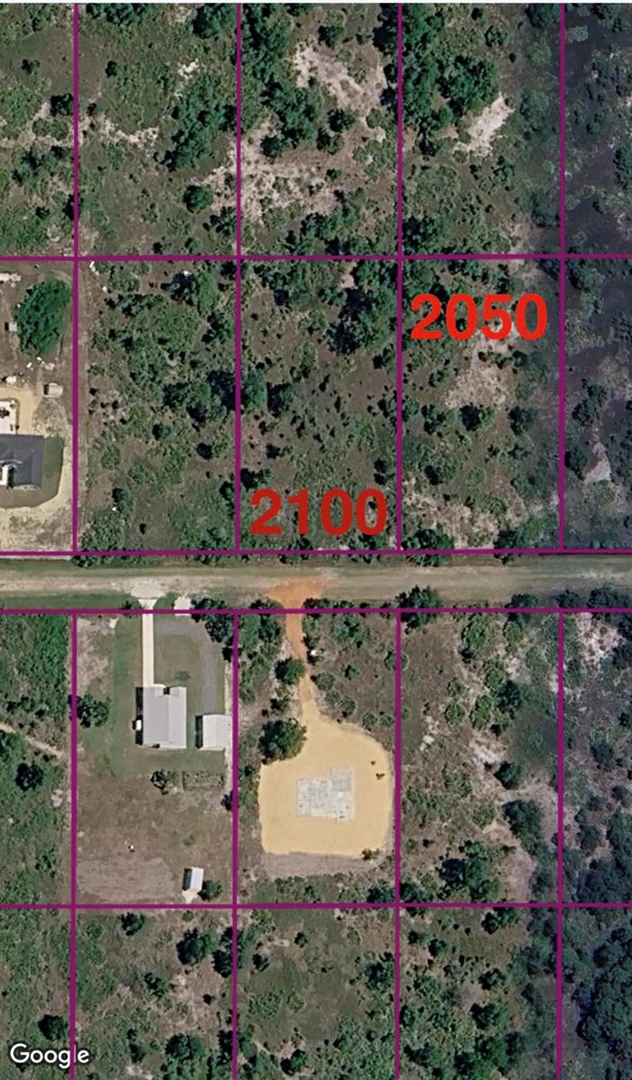 An aerial map view shows several rectangular land parcels, including one with a building foundation — 2100 W Hampton Road, FL 33825, FL