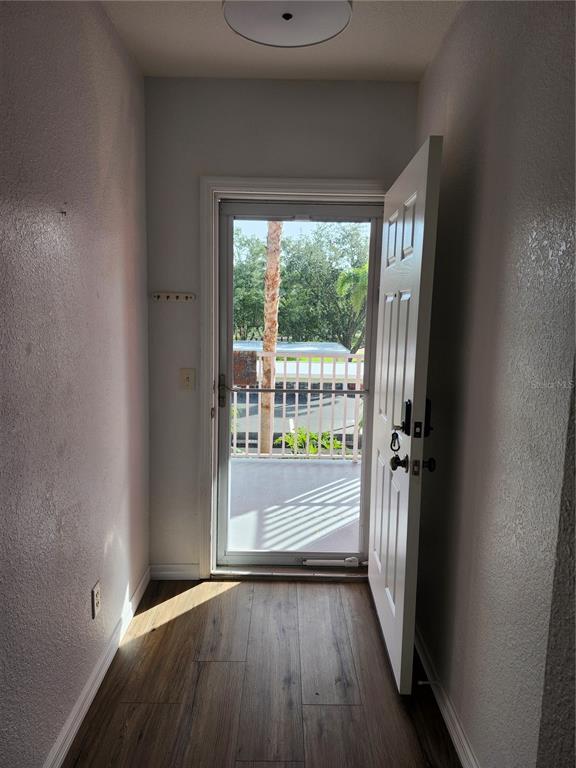 An entryway with wood-look flooring leads to an open door revealing a balcony and palm trees — 2061 WILLOW HAMMOCK CIRCLE UNIT 202, PORT CHARLOTTE, FL
