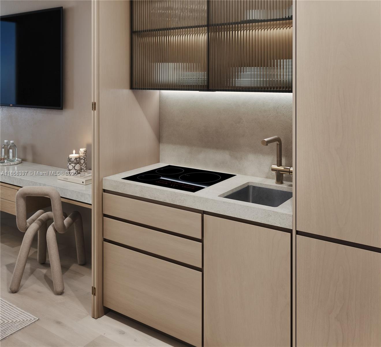 This rendering shows a compact kitchenette with light wood cabinetry, a cooktop, and a sink — 1265 SW 22nd St # 407, Miami FL 33145, MIAMI, FL