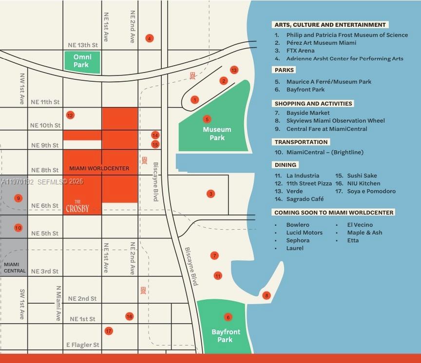 This map displays the locations of various landmarks, parks, and businesses in downtown Miami — 11 NE 6 # 507, Miami FL 33132, MIAMI, FL