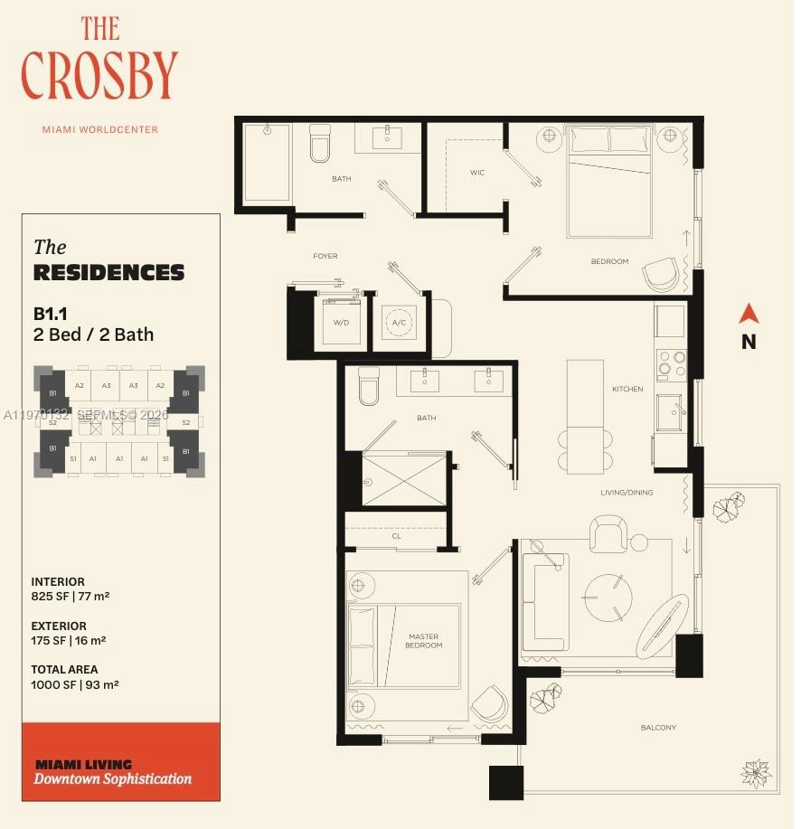 This is a floor plan for a two-bedroom, two-bathroom apartment with a balcony — 11 NE 6 # 507, Miami FL 33132, MIAMI, FL