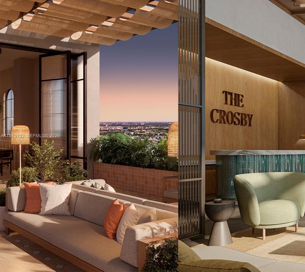 This rendering shows an indoor-outdoor lounge area with modern furniture, wood paneling, and city views — 11 NE 6 # 507, Miami FL 33132, MIAMI, FL