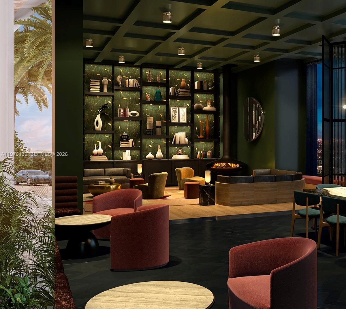 This rendering shows a modern lounge with dark green walls, built-in shelving, and plush seating — 11 NE 6 # 507, Miami FL 33132, MIAMI, FL
