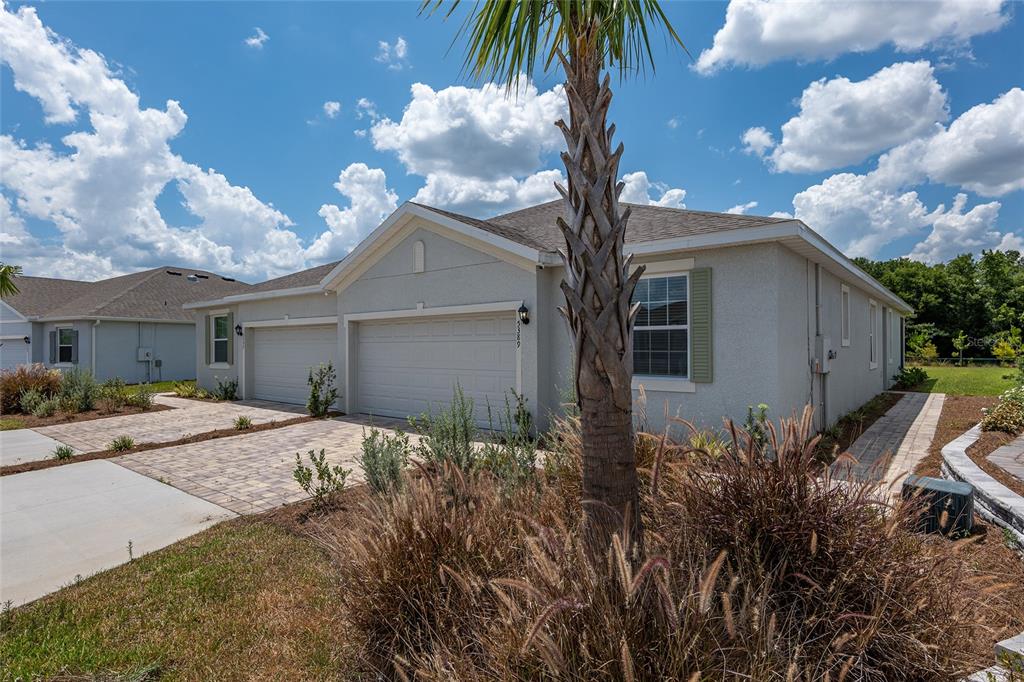A light-colored single-story house with a two-car garage and a palm tree in front — 5389 NW 48TH PLACE, OCALA, FL