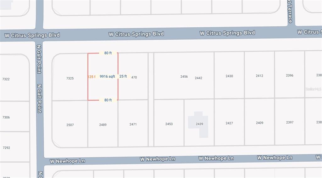 This is a map showing a highlighted rectangular lot with dimensions and square footage — 2488 W CITRUS SPRINGS BOULEVARD, CITRUS SPRINGS, FL
