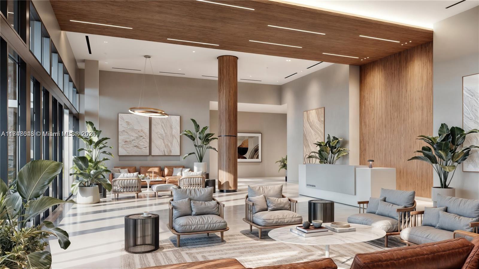 This rendering shows a modern lobby with wood-paneled ceilings, lounge seating, and a reception desk — 1420 NW 14th Ave # 915, Miami FL 33125, MIAMI, FL
