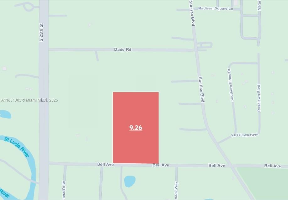 This is a map showing a rectangular property highlighted in red near Bell Avenue — 2140 Bell Ave, Fort Pierce FL 34982, FORT PIERCE, FL