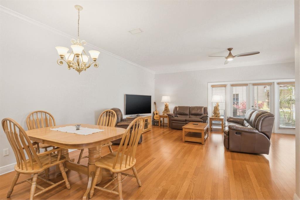 A dining area and living room with hardwood floors, leather furniture, and a ceiling fan — 208 VALENCIA CIRCLE, ST PETERSBURG, FL