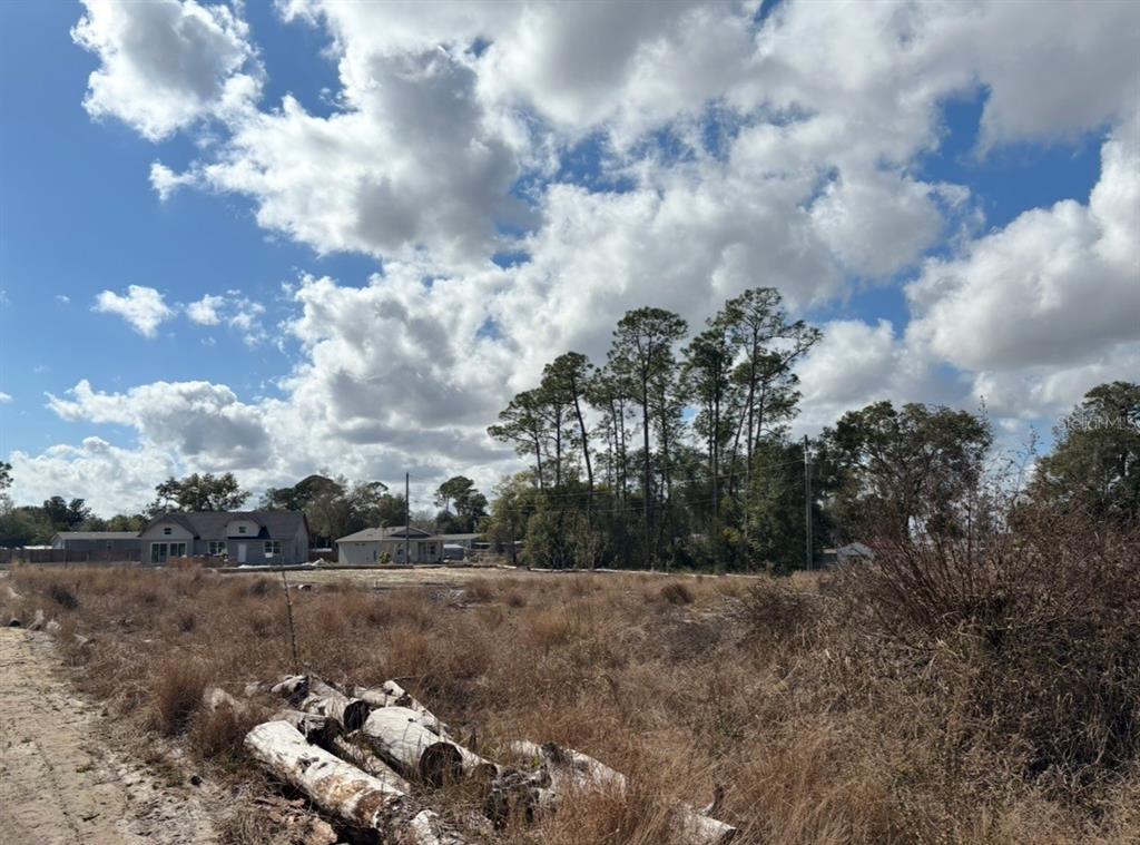 A vacant, grassy lot features a pile of logs in the foreground and distant houses — 0 MIDWAY ROAD, HAINES CITY, FL