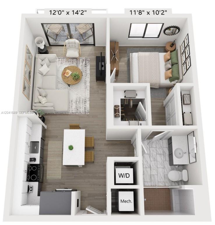 This is a 3D floor plan rendering of a one-bedroom apartment with an open kitchen — 19401 W Dixie Hwy # 421, Miami FL 33180, MIAMI, FL