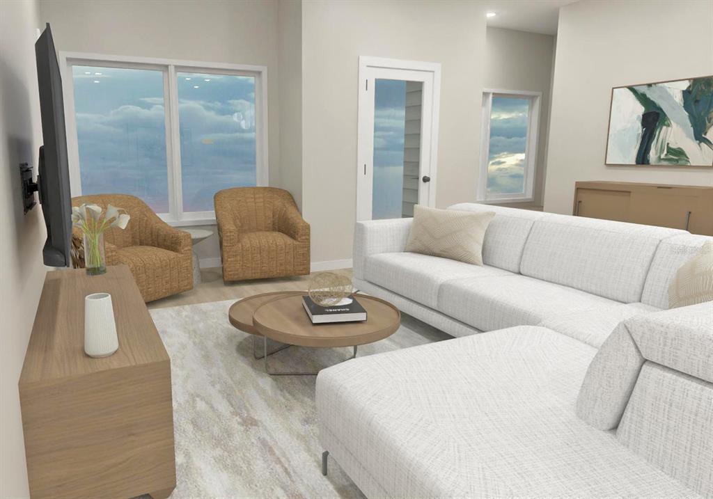 This is a digital rendering of a modern living room featuring a white sectional sofa — 425 E JESSUP AVENUE, LONGWOOD, FL