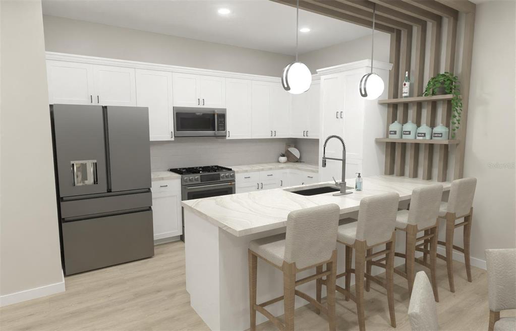 This is a rendering of a modern kitchen featuring white cabinetry, a marble-topped island, and stools — 425 E JESSUP AVENUE, LONGWOOD, FL