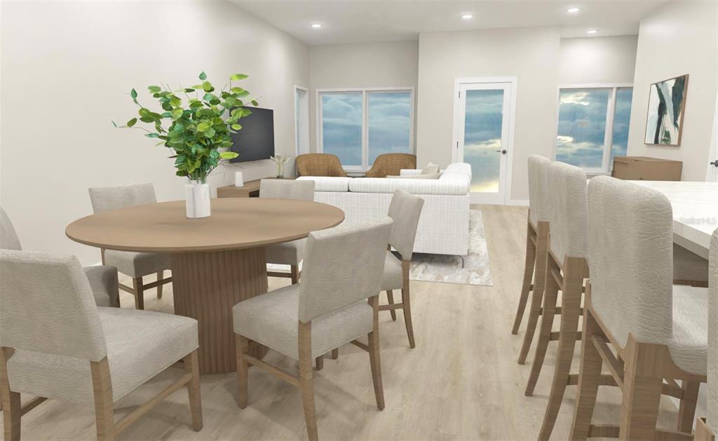 This is a digital rendering of an open-concept dining and living area with light wood flooring — 425 E JESSUP AVENUE, LONGWOOD, FL