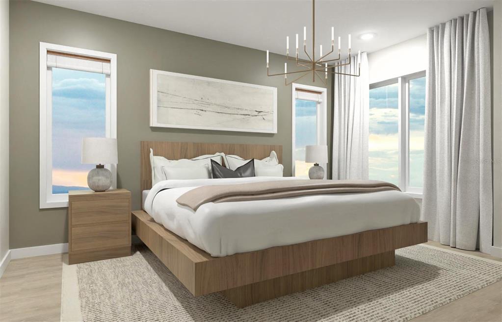 This is a rendering of a modern bedroom featuring a wood platform bed and chandelier — 425 E JESSUP AVENUE, LONGWOOD, FL