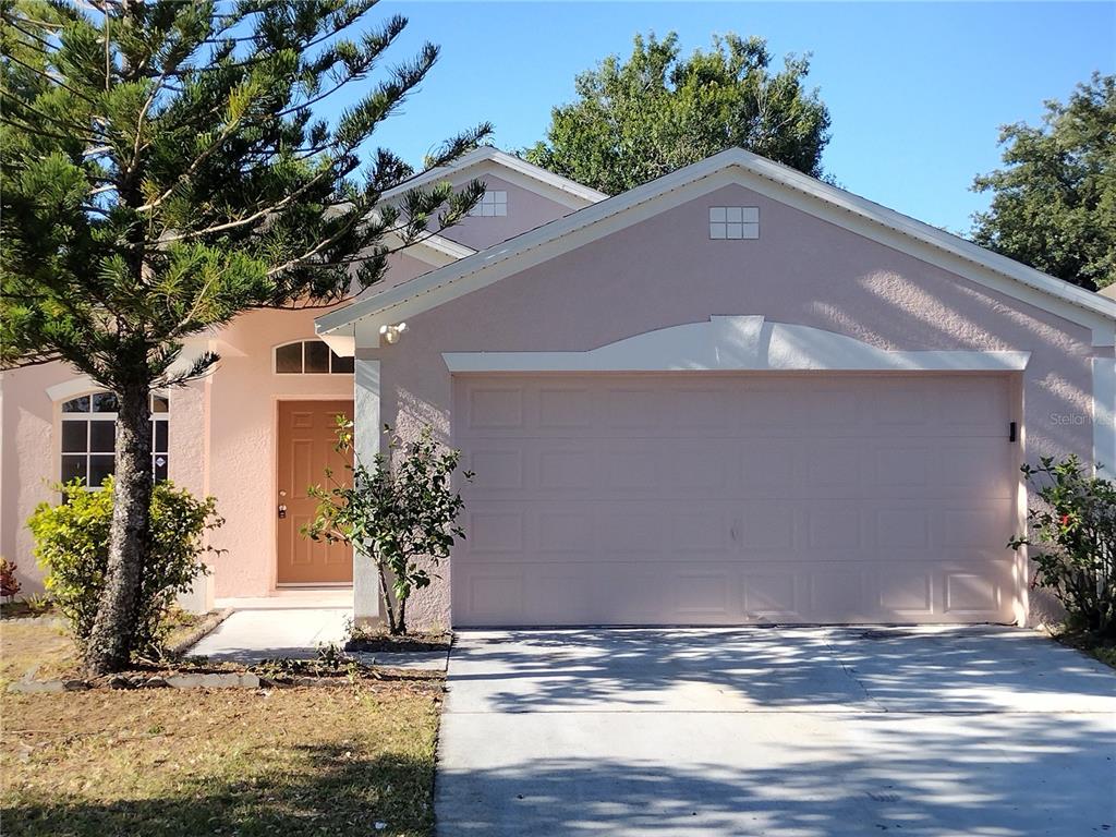 A pink, single-story house features a two-car garage, a front door, and a concrete driveway — 2358 BLUE SAPPHIRE CIRCLE, ORLANDO, FL