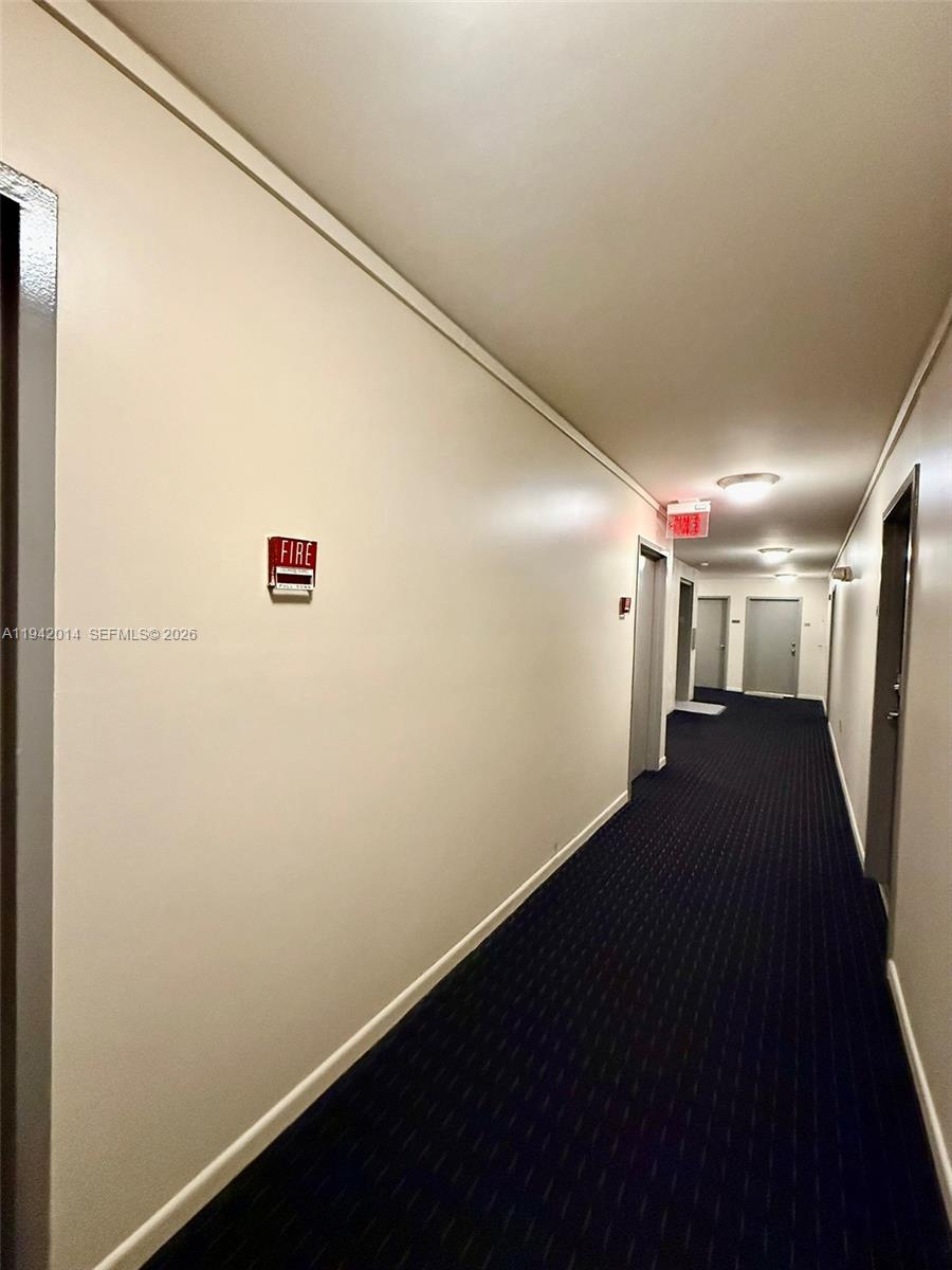 A long, narrow apartment hallway features beige walls, dark blue carpeting, and several doors — 1605 Bay Rd # 407, Miami Beach FL 33139, MIAMI BEACH, FL