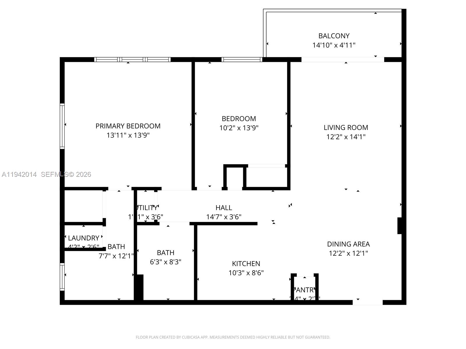 This is a floor plan of a two-bedroom apartment with a balcony and two bathrooms — 1605 Bay Rd # 407, Miami Beach FL 33139, MIAMI BEACH, FL