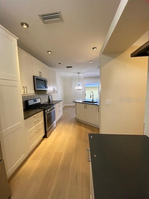 A kitchen with white cabinets, stainless steel appliances, and light wood flooring — 10034 TATE LANE, TAMPA, FL