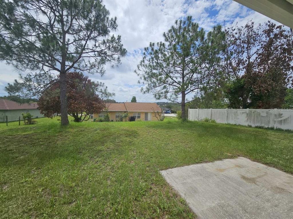 A grassy backyard features a concrete patio, mature pine trees, and a white vinyl fence — 13345 PINYON DRIVE, CLERMONT, FL