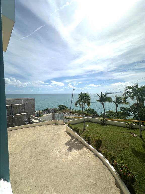 An elevated concrete patio overlooks a grassy lawn, palm trees, and the ocean — 38 FLOR MARINA MAR CARIBE, NAGUABO, PR
