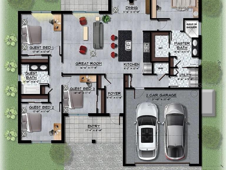 This floor plan shows a three-bedroom home with a great room, kitchen, and two-car garage — 181 DISTRICT STREET SE, PALM BAY, FL