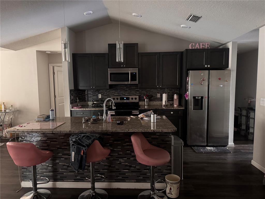 A kitchen features dark cabinetry, granite countertops, a central island with bar seating, and stainless-steel appliances — 181 DISTRICT STREET SE, PALM BAY, FL