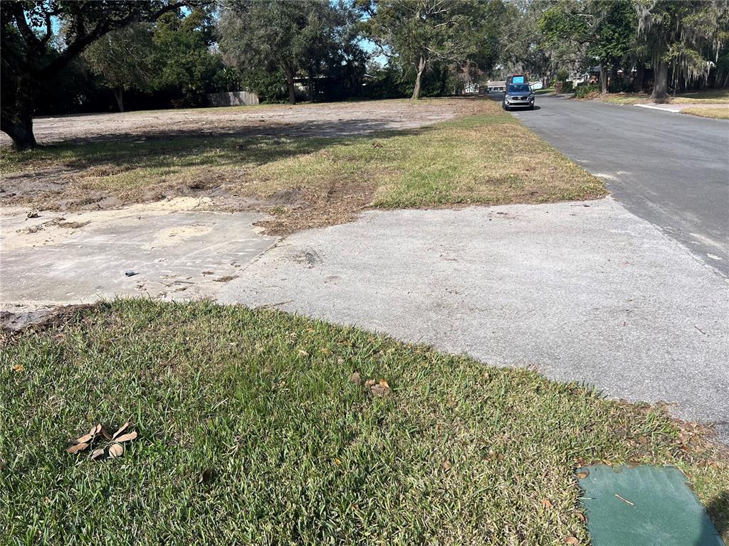 A vacant residential lot features a concrete driveway apron and mature trees along the street — 4249 FOREST HILLS DRIVE, LAKELAND, FL