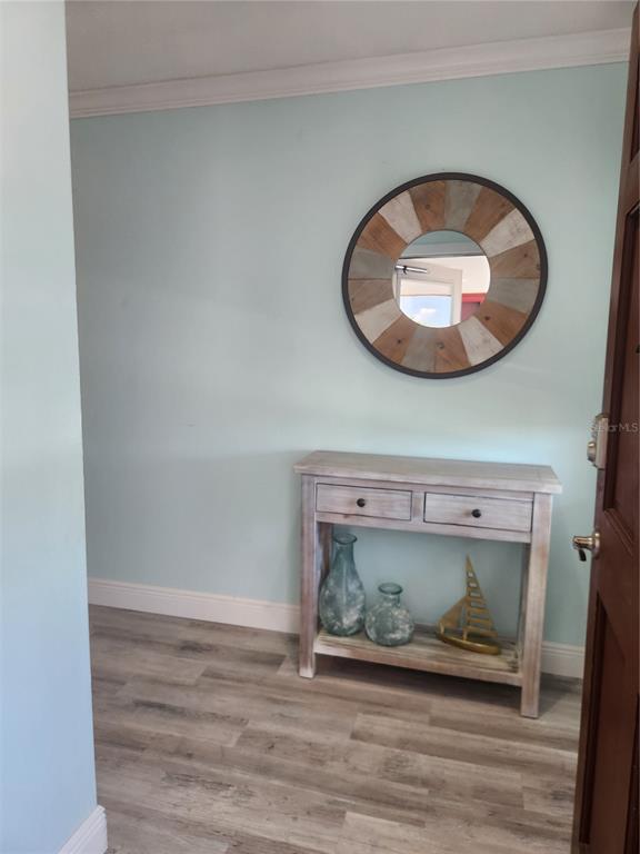 A light blue entryway features a wooden console table, a round mirror, and wood-look flooring — 1008 APOLLO BEACH BOULEVARD UNIT 204, APOLLO BEACH, FL