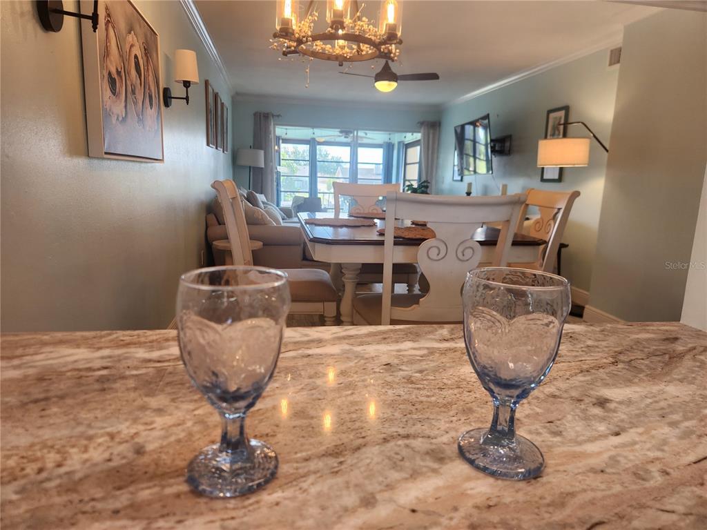 Two blue textured glasses sit on a granite countertop overlooking a dining and living area — 1008 APOLLO BEACH BOULEVARD UNIT 204, APOLLO BEACH, FL