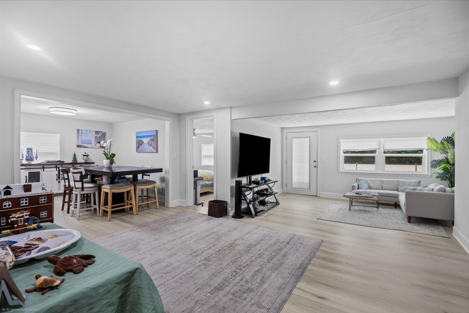 A spacious living room with light wood flooring, a dining area, and a television stand — 6635 58th Avenue, Vero Beach FL 32967, VERO BEACH, FL