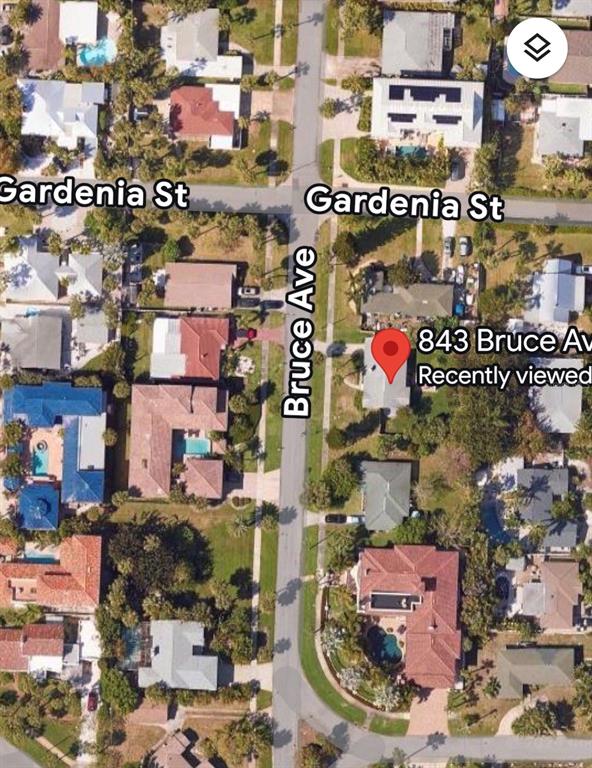 This is an aerial map view of a residential neighborhood with houses and streets — 843 BRUCE AVENUE, CLEARWATER BEACH, FL