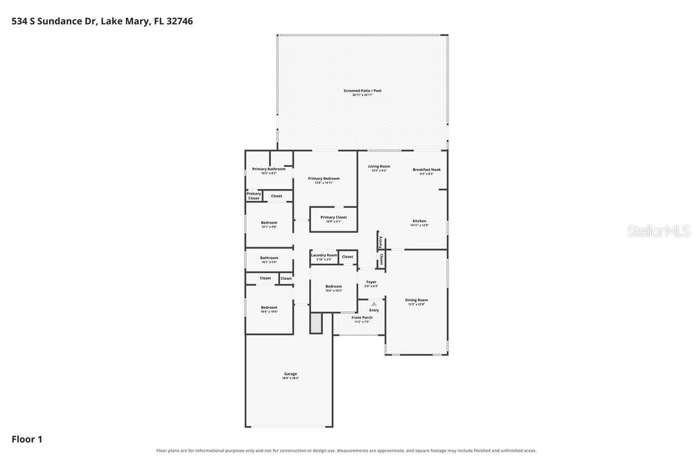 This is a floor plan for a single-story house with a garage and screened patio — 534 S SUNDANCE DRIVE, LAKE MARY, FL