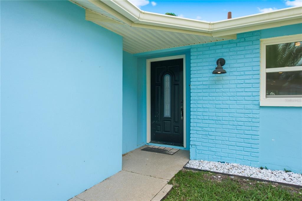 A bright blue exterior wall features a dark front door and a white-framed window — 4930 POMPANO DRIVE, NEW PORT RICHEY, FL