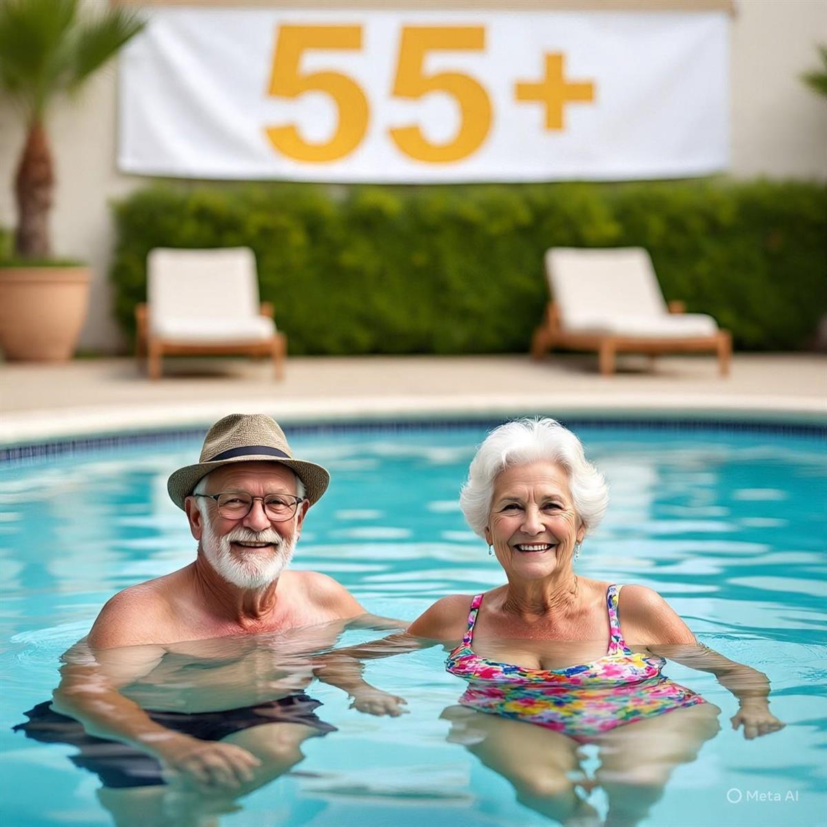 An older couple smiles while swimming in a pool in front of a 55+ banner — 310 S Cypress Road # 729, Pompano Beach FL 33060, POMPANO BEACH, FL