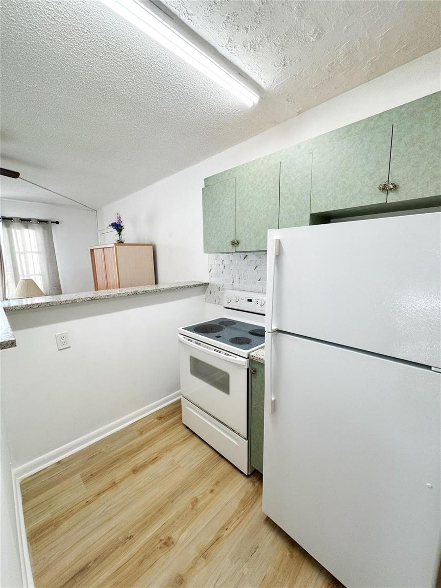 A kitchen features light wood-look flooring, green cabinets, a white stove, and a white refrigerator — 310 S Cypress Road # 729, Pompano Beach FL 33060, POMPANO BEACH, FL