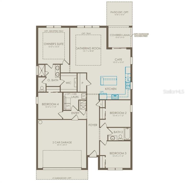 This is a floor plan for a single-story house with four bedrooms and a garage — 2604 SERENITY GARDEN DRIVE, KISSIMMEE, FL