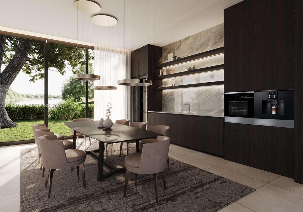 This rendering shows a modern dining room with dark cabinetry, integrated appliances, and floor-to-ceiling windows — 11920 SW 69th Ct, Pinecrest FL 33156, PINECREST, FL