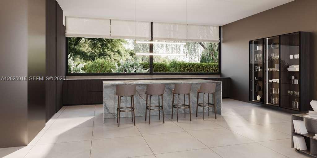 This rendering shows a modern kitchen with a marble island, bar stools, and glass-front cabinetry — 11920 SW 69th Ct, Pinecrest FL 33156, PINECREST, FL