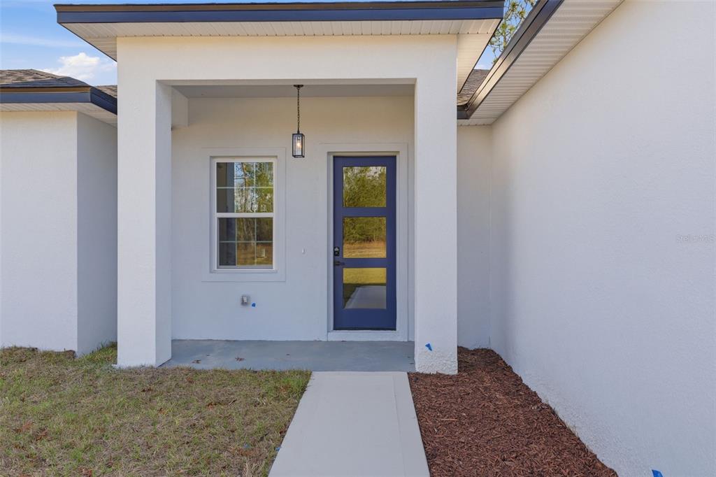 A white house exterior features a blue front door, a window, and a concrete walkway — 2652 W PARAGON LANE, DUNNELLON, FL
