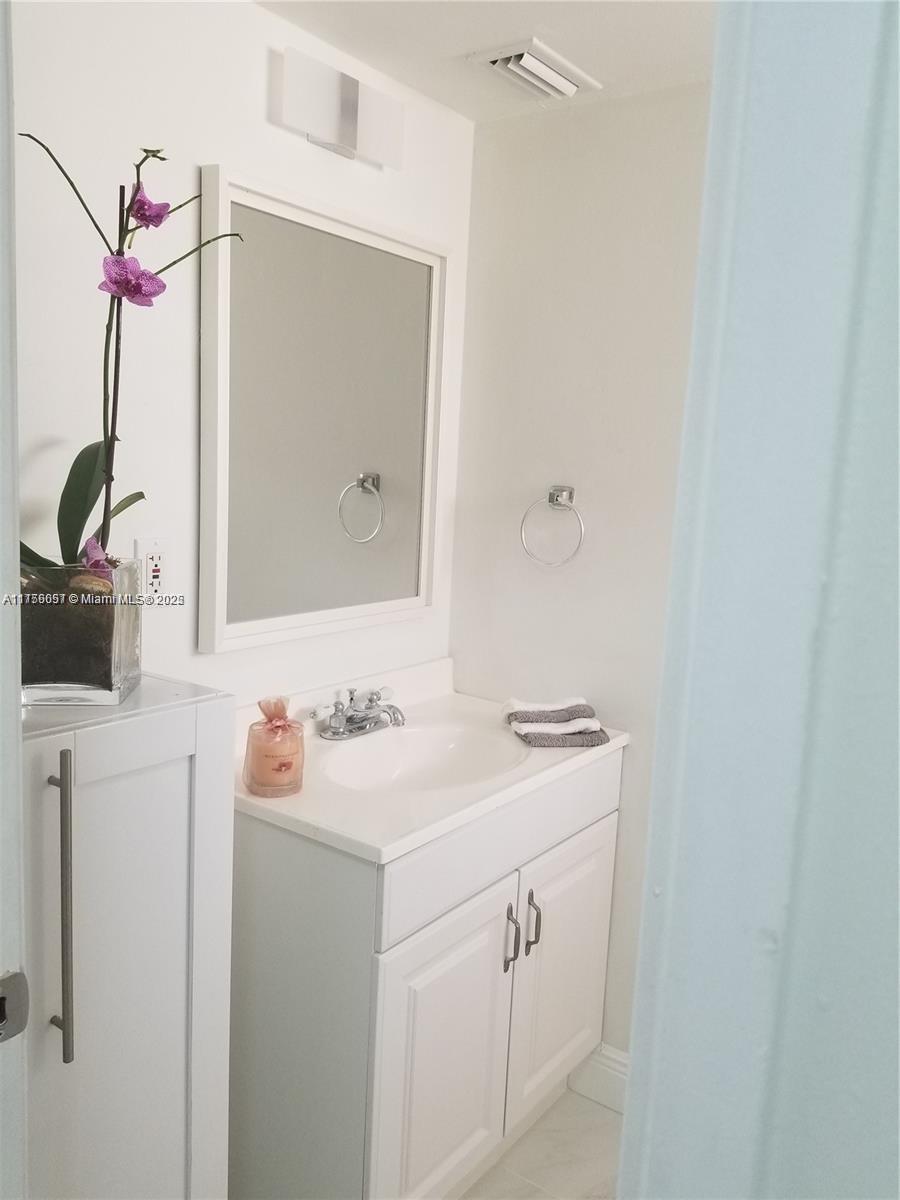 A bathroom features a white vanity, a rectangular mirror, and a potted orchid — 1670 NE 191st St # 3, Miami FL 33179, MIAMI, FL