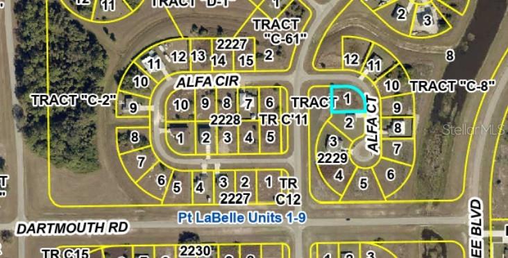 This is a satellite map showing residential lots and street layouts in a neighborhood — 7024 ALFA COURT, LABELLE, FL