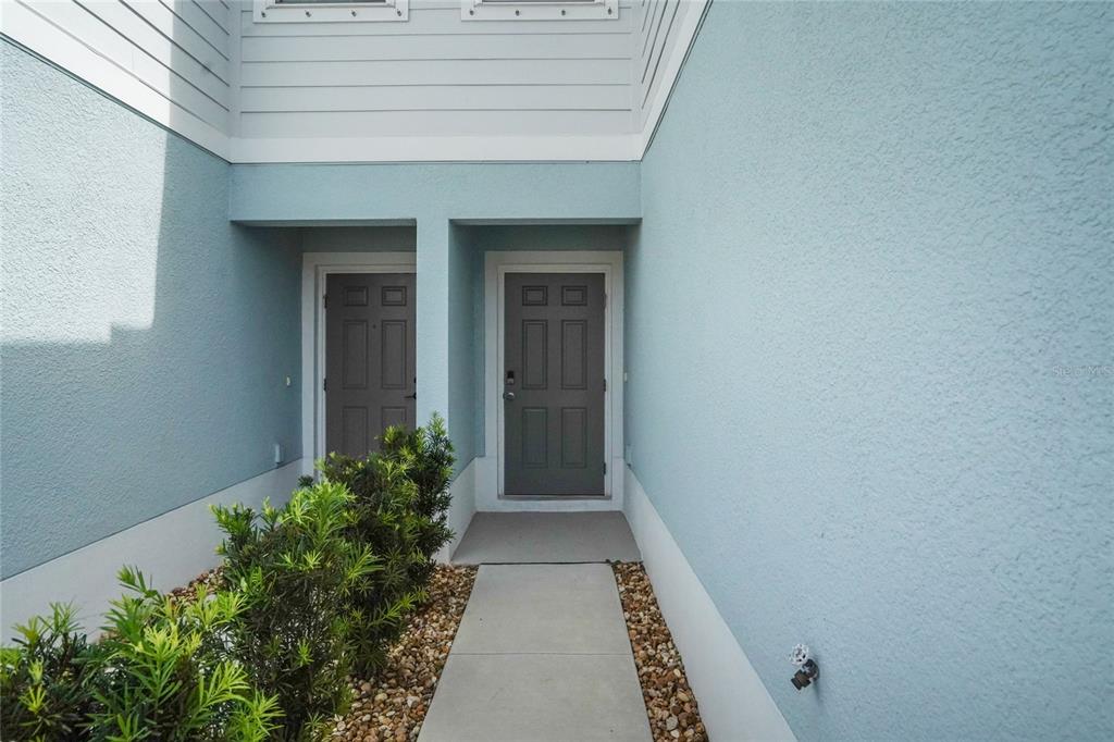 A concrete walkway leads to two gray doors set into a light blue exterior wall — 14229 CRIMSON AVENUE, LAKEWOOD RANCH, FL