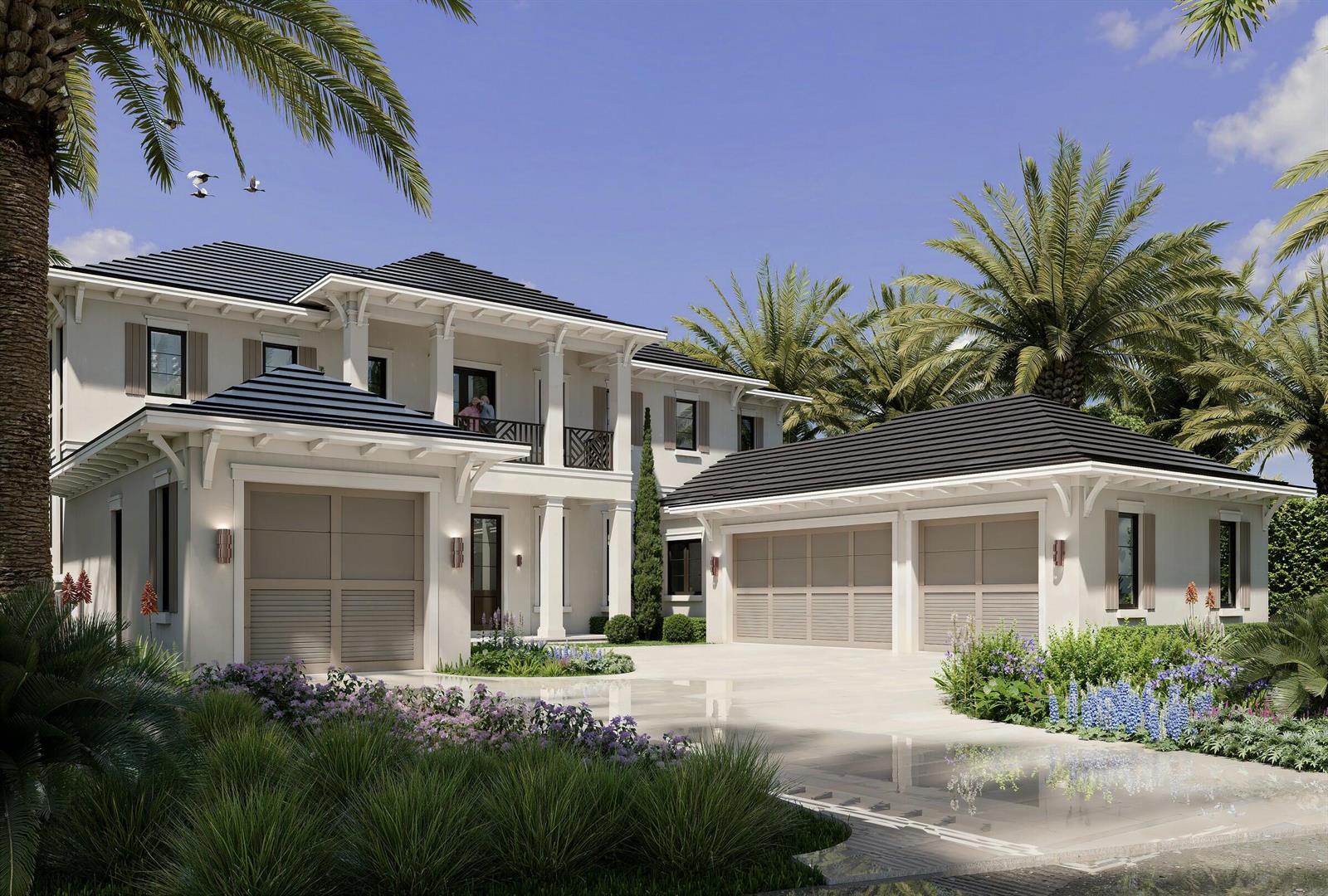 This is a rendering of a two-story house with a three-car garage and palm trees — 601 NE Spanish Trail, Boca Raton FL 33432, BOCA RATON, FL
